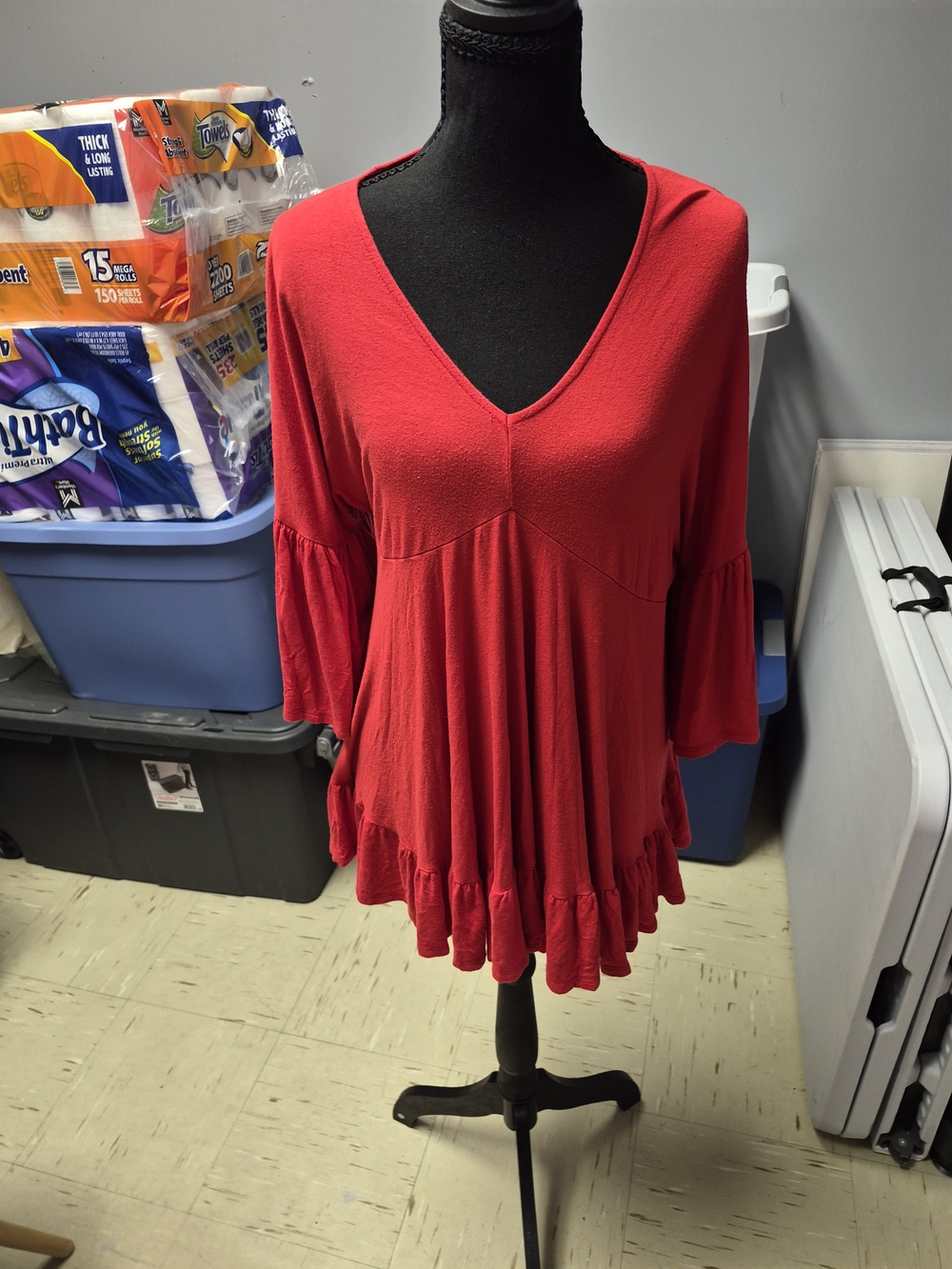 Annabelle Red V-Neck Ruffle Hem Tunic